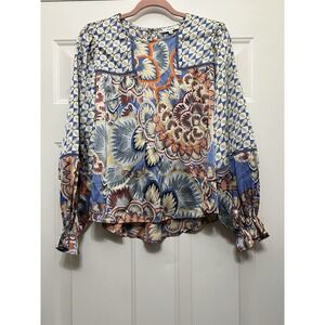 FATE Womens GEOMETRIC Blouse Size Small Long Balloon‎ Sleeves Boho Officecore